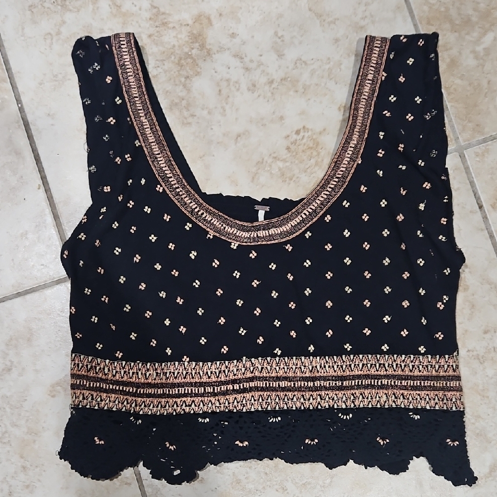 Free People Black Crop Top with Gold Accents